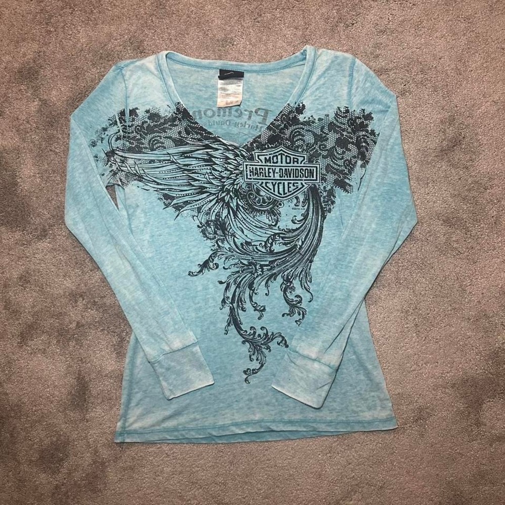 Harley-Davidson Shirt Womens M Blue Burnout Long Sleeve Rhinestone Bling Premont